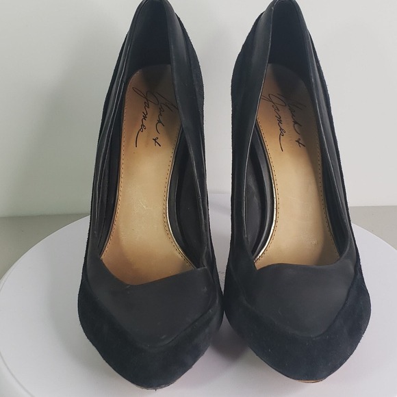 Mark and James Badgley Mischka Black Leather Suede Pointed Toe Pumps Heels 7.5 - Picture 4 of 11